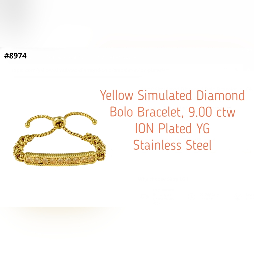 Simulated diamond bolo bracelet, ION plated YG/STS